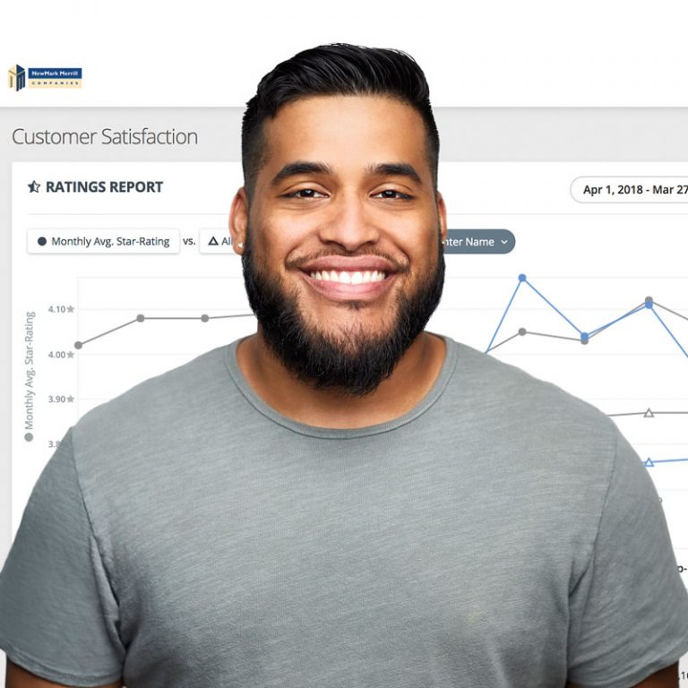 Smiling man in front of data chart
